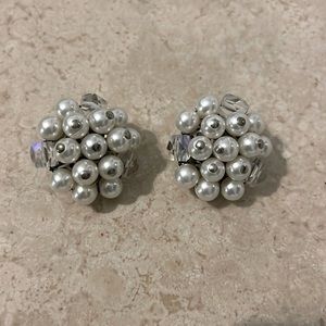 Vintage Faux Pearl & Clear Bead Cluster Clip On Earrings